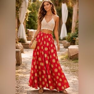 🌞 Vintage 100% Silk Celestial Sun & Moon Maxi Skirt | Lined | Size 14